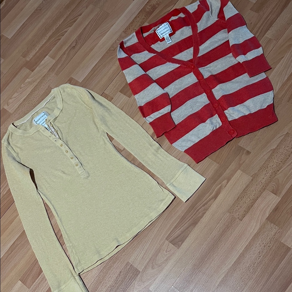 Lot of Heritage Yellow Long Sleeve Top and Red Striped Cardigan Sz.L/M
